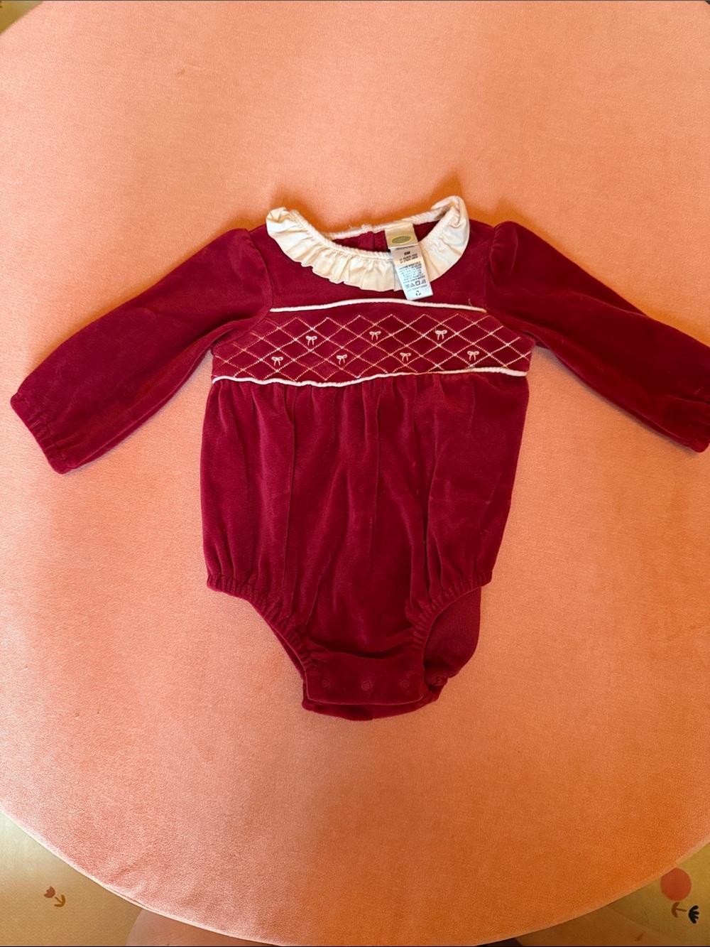 Little Me Burgundy Velvet Smocked One-Piece with Cream Ruffle Collar